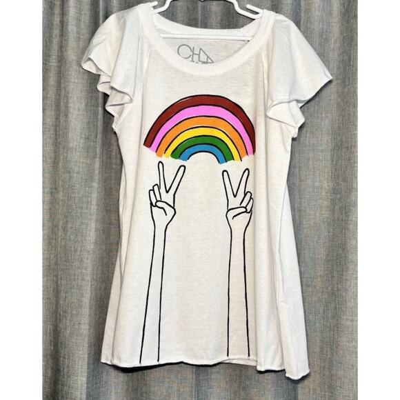 Chaser Girls Rainbow Peace Sign Flutter Short Sleeve T Shirt White Size 10 Girls - Picture 1 of 8